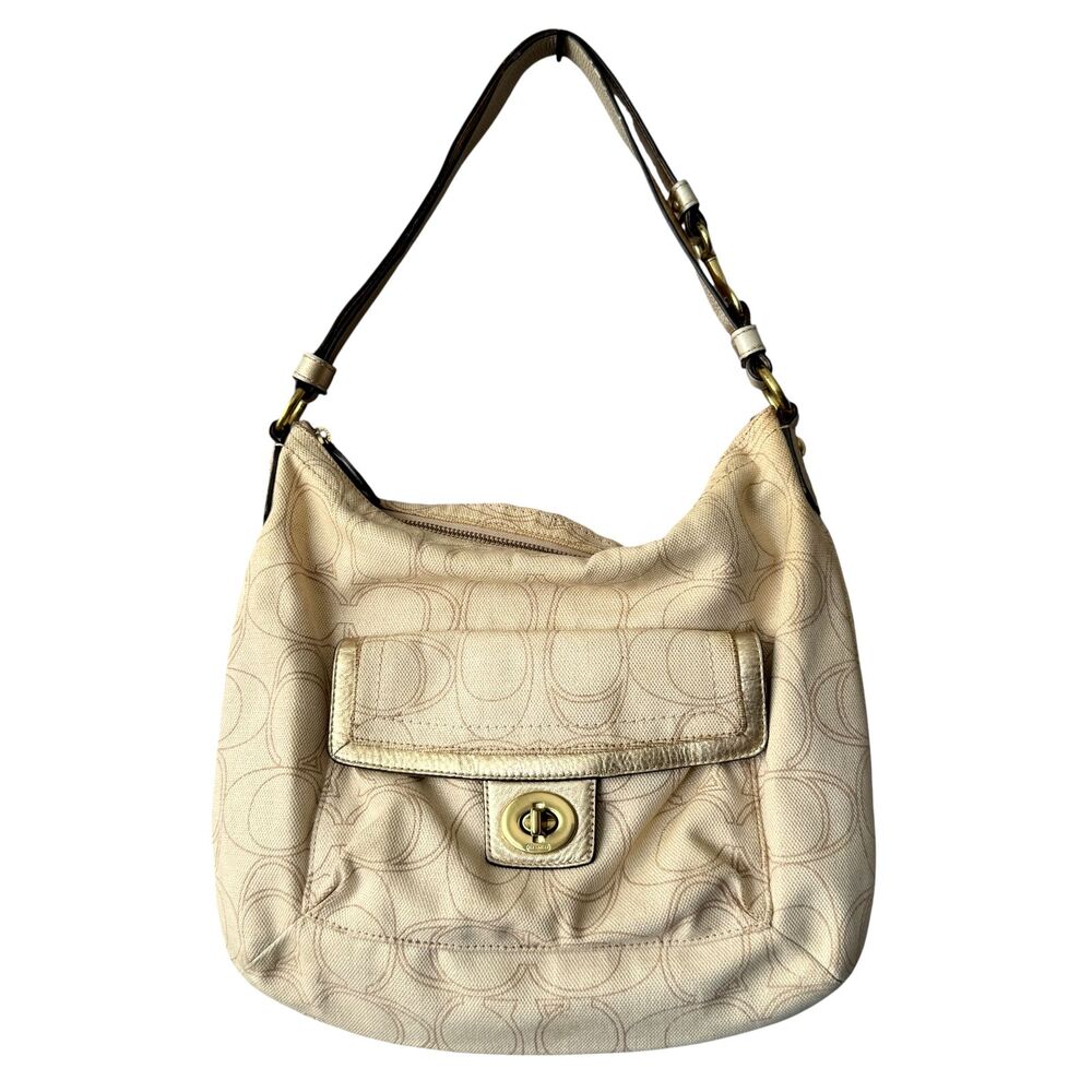 Coach Penelope Signature Linen Leather Hobo Shoulder Bag Crossbody F19189 Beige - Picture 2 of 9